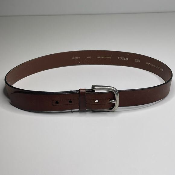 Men's Fossil Distressed Leather Belt Silver Buckle Embossed Logo Dark Brown 36 - Picture 8 of 15